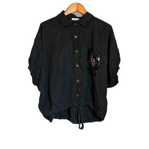 Black Button-Front Women's Blouse with Drawstring Hem